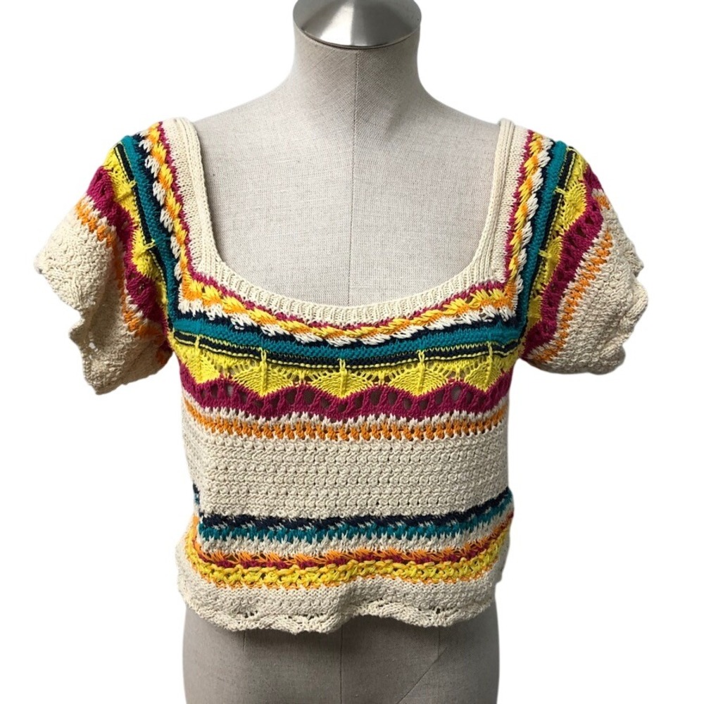 Zara Crochet Top Womens Medium Multicolor Boho Short Sleeve 3991/042/330